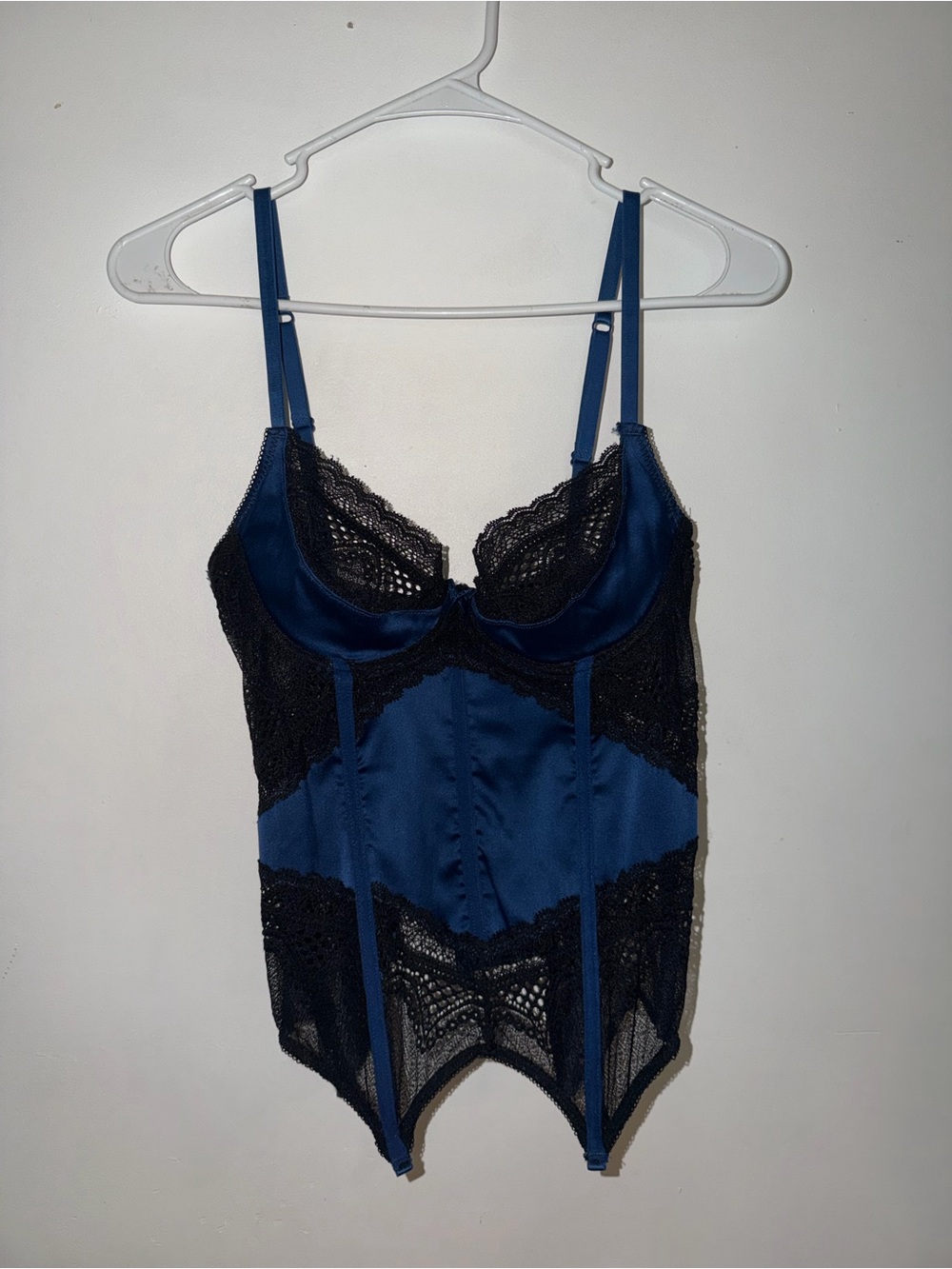 Frederick's of Hollywood Navy Blue Satin & Black Lace Bodysuit